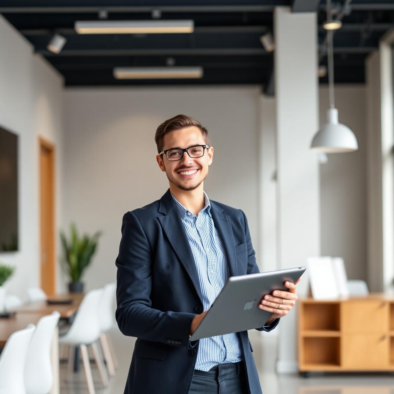 Confident small business owner holding tablet